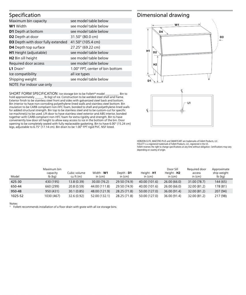 Follett 425-30 Slope Ice Bin Spec